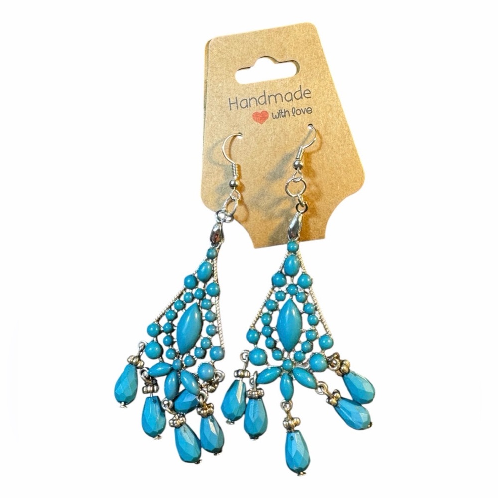 Turquoise Chandelier Filigree Beaded Dangle Pierced Earrings
